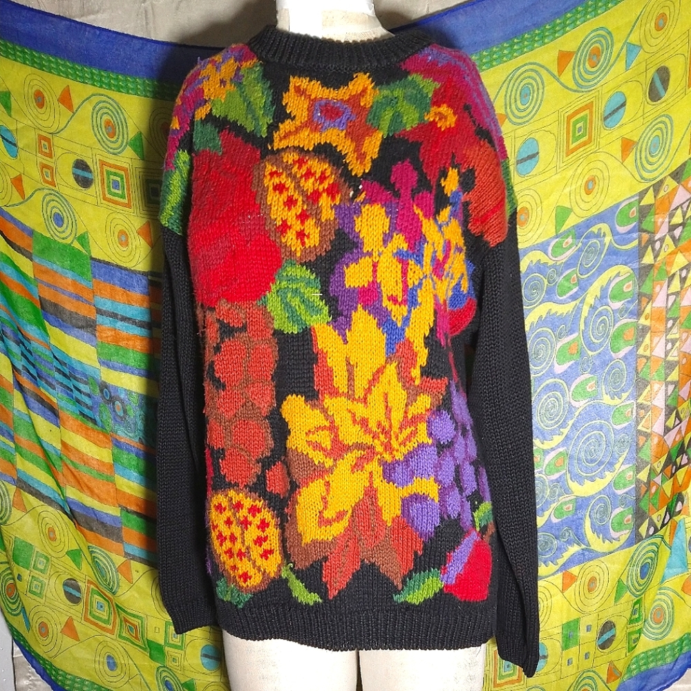Vintage 80s Black Magenta Mustard Vibrant Colorful Floral Oversize Sweater Long
